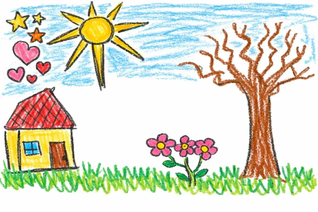 Kreslená ilustrácia domu, slnka, kvetov a stromu